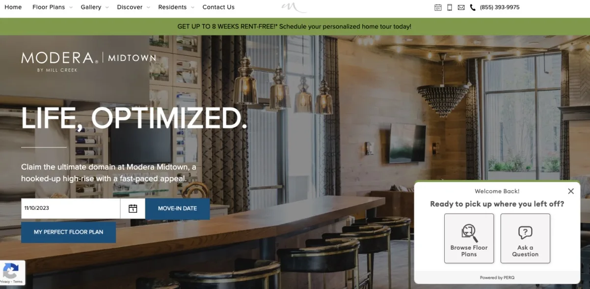 How to Elevate Your Multifamily Website Design | PERQ AI Leasing Assistant A screenshot of Modera Midtown's apartment website