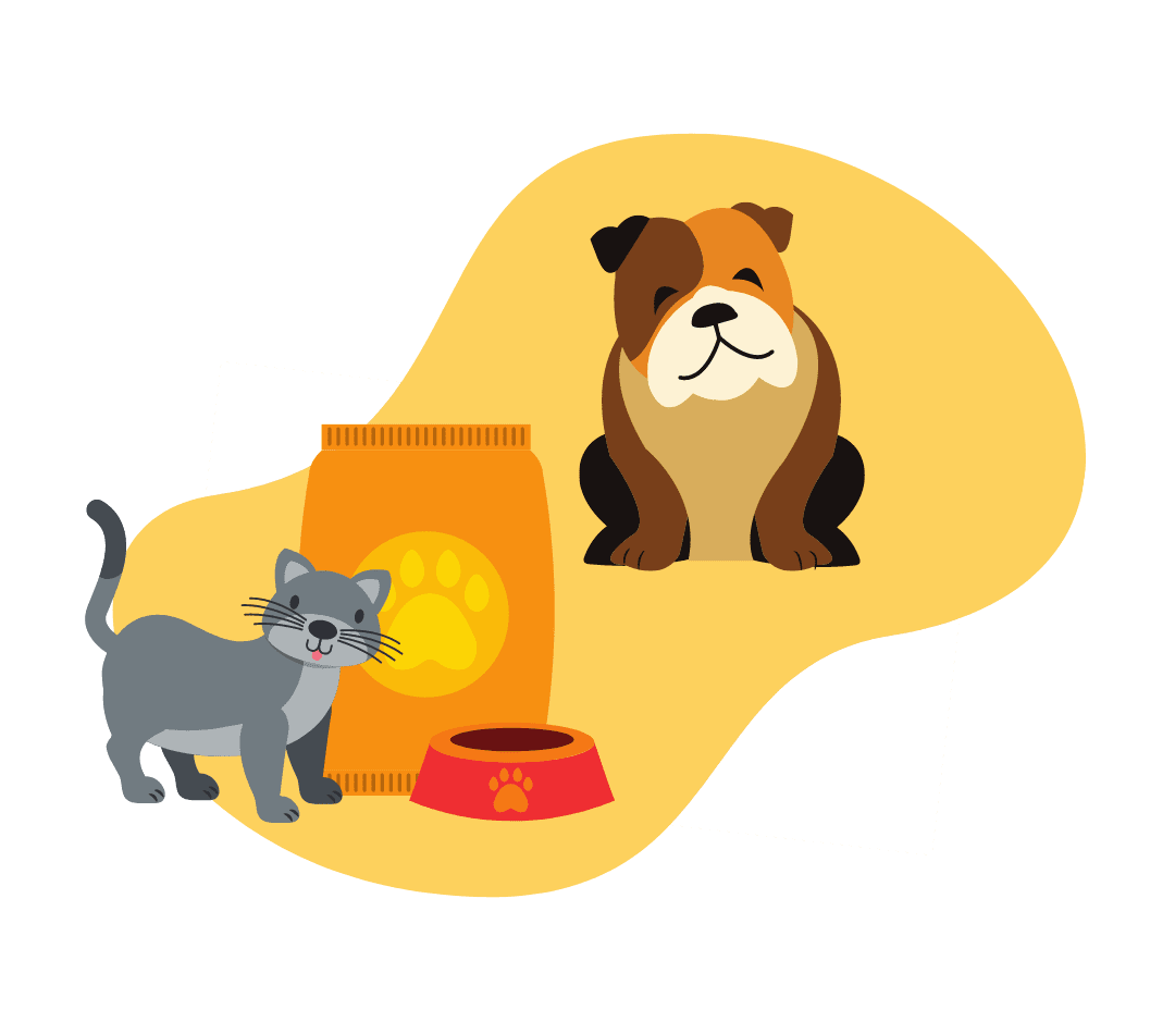 Cat and dog with a bag of pet food on yellow background