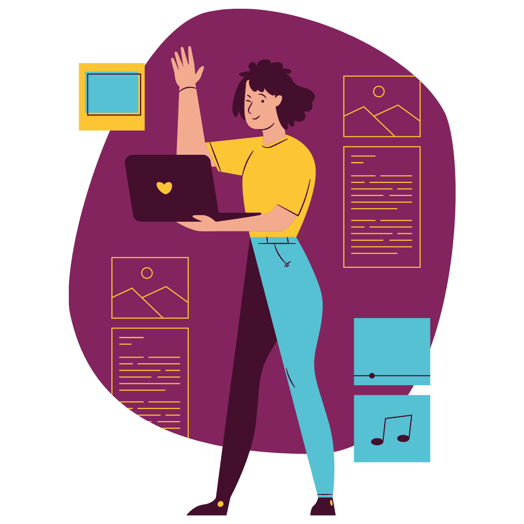 illustration of a person holding a laptop and waving