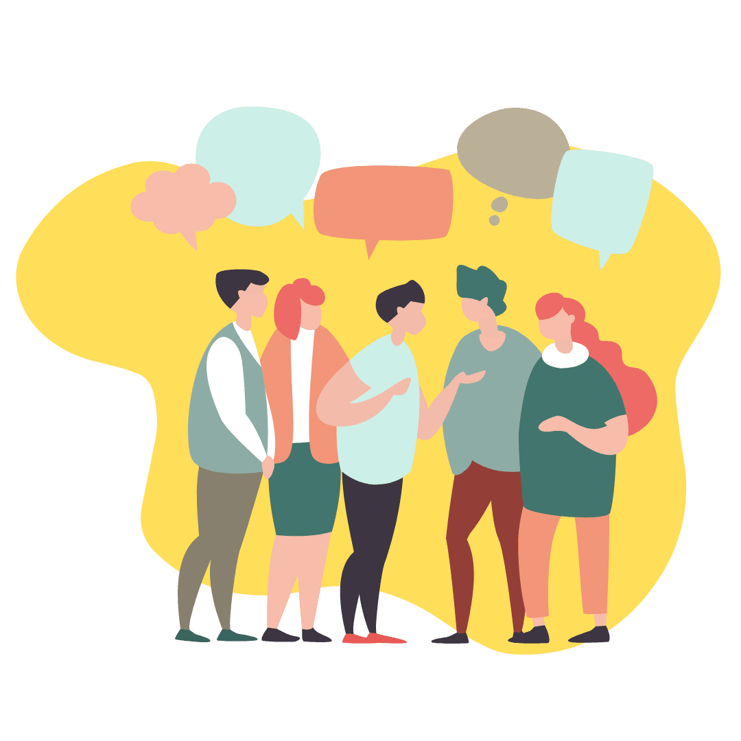 illustration of people talking with chat bubbles above them on a yellow background