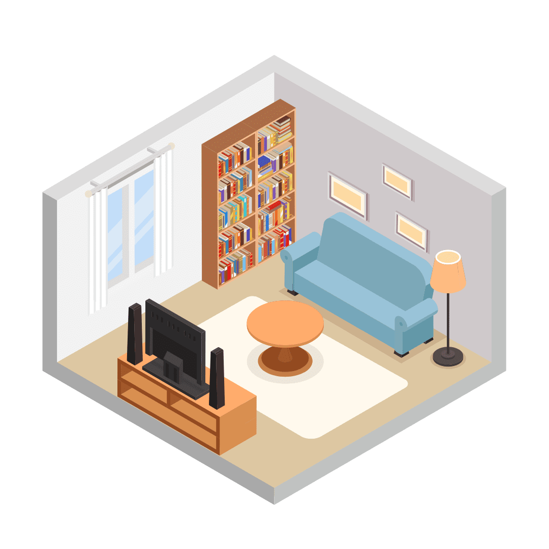 Living room with large bookcase and TV