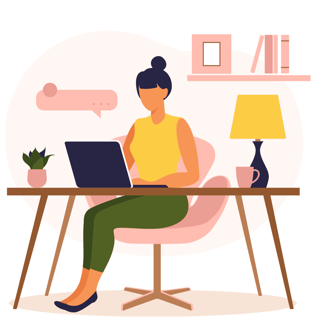 illustration of woman sitting at desk using laptop with a plant, coffee cup, and lamp