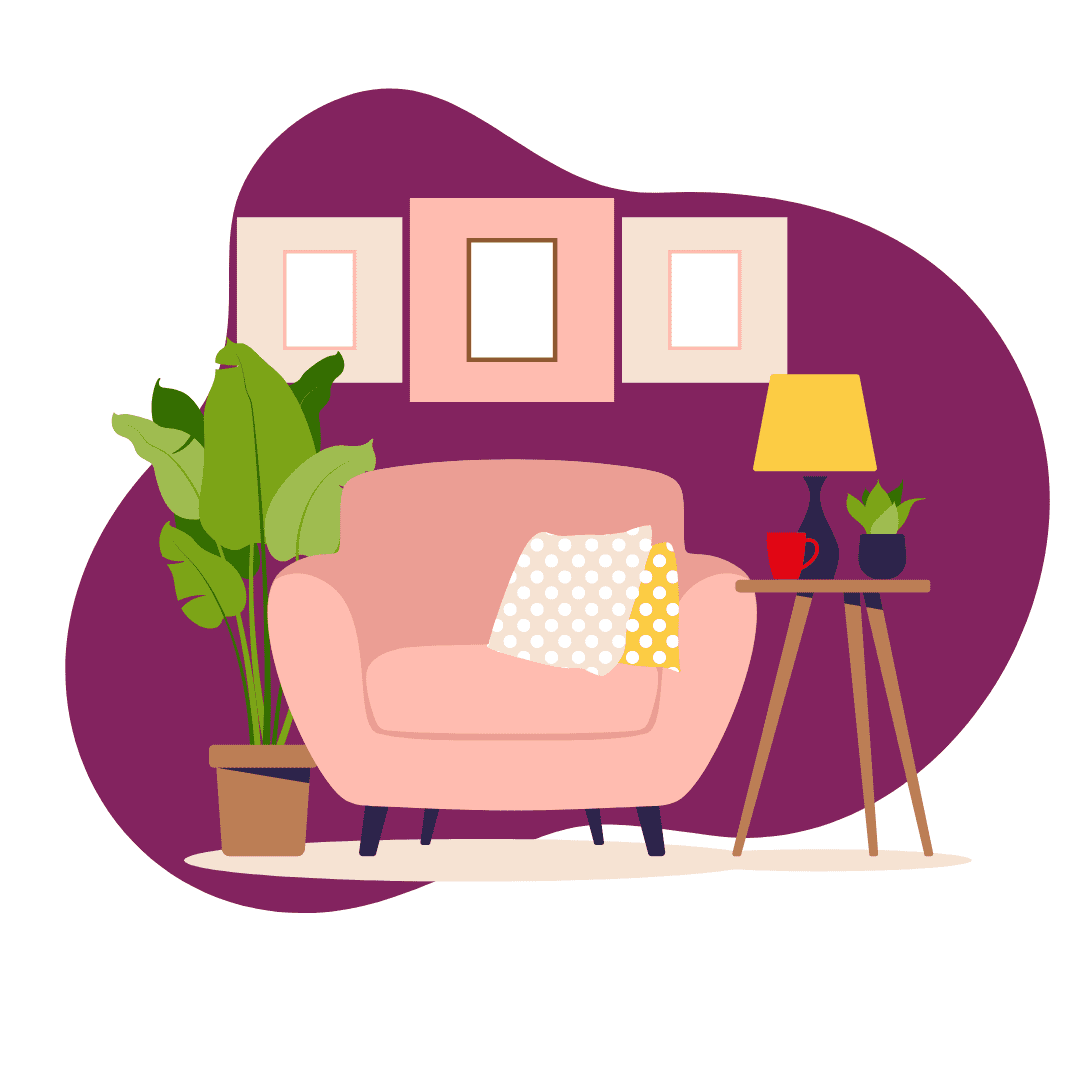 illustration of a chair plant and table with a lamp