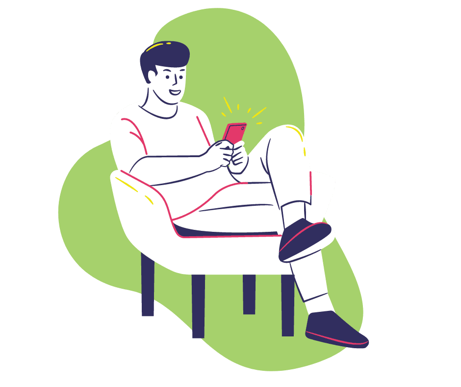 illustration of a person on cell phone in front of a green blob shape