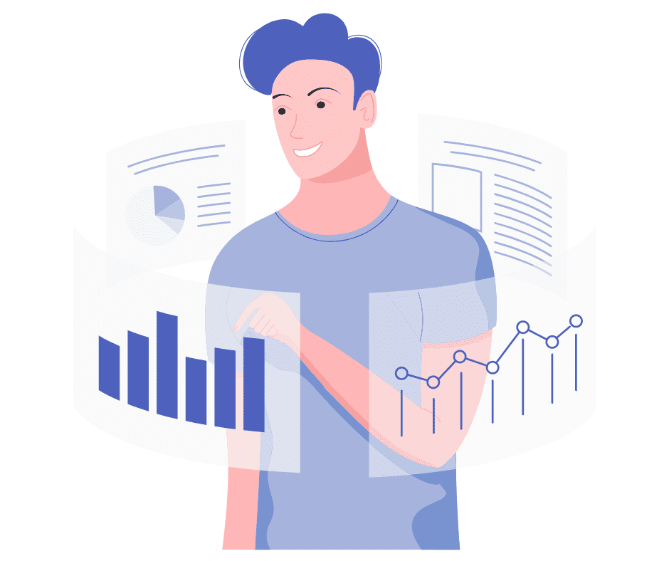 illustration of man scrolling through charts floating around him