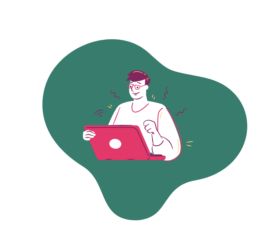 man in green blob shape with laptop