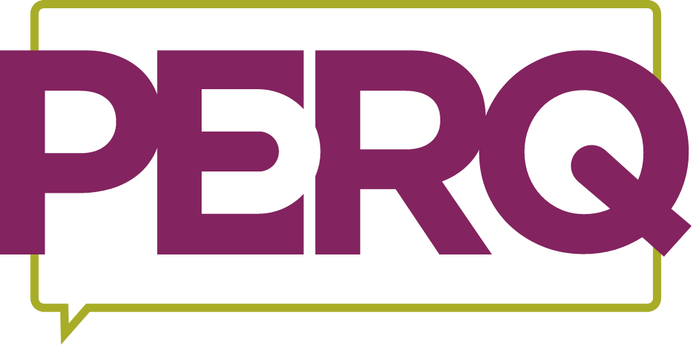 PERQ logo in Purple with Green Speech outline frame