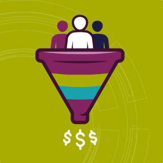 Purple blue and green graphic of 3 people in a funnel with dollar signs