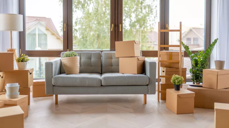 Cardboard boxes sitting on a couch and around the room to reflect the 2023 multifamily market outlook
