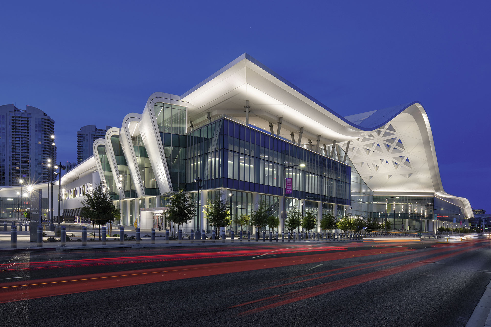 Exterior view of the Las Vegas Convention Center at night