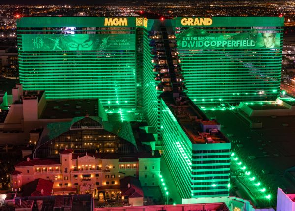 An aerial view of the MGM Grand hotel in Las Vegas, Nevada at night