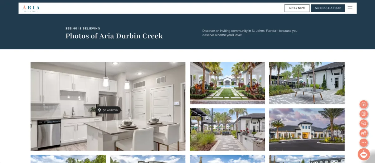 Multifamily Websites | PERQ AI Leasing Assistant PERQ's website screenshot for Aria's PMC, showing their apartments' gallery