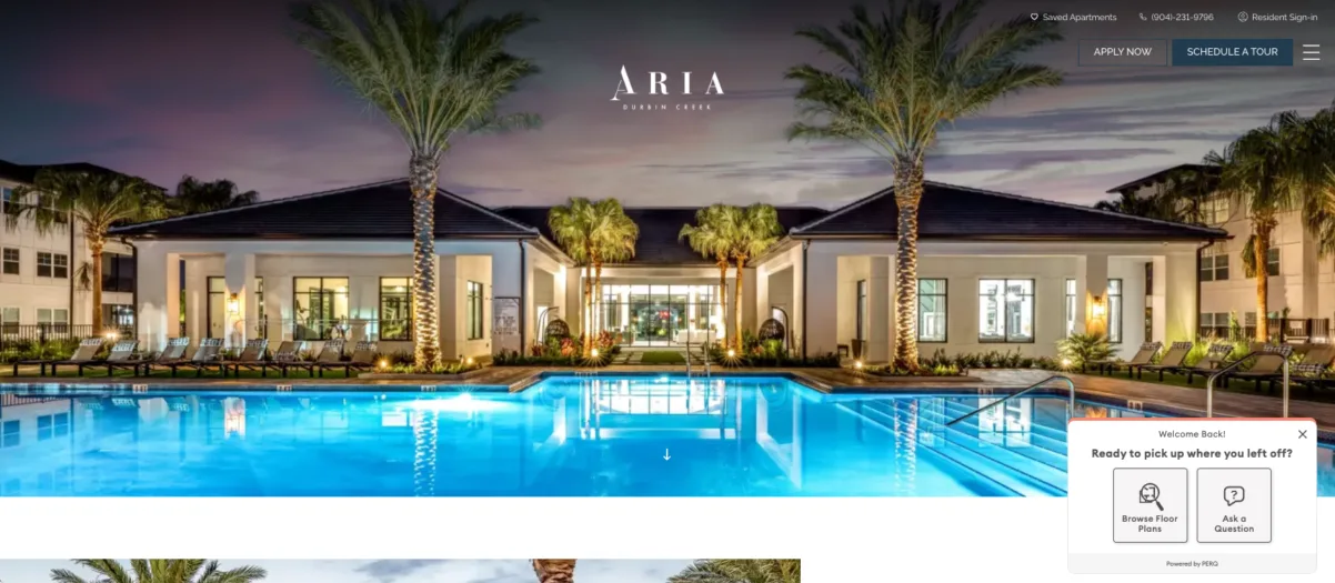 Multifamily Websites | PERQ AI Leasing Assistant A screenshot of PERQ's website designed for Aria's Property Management