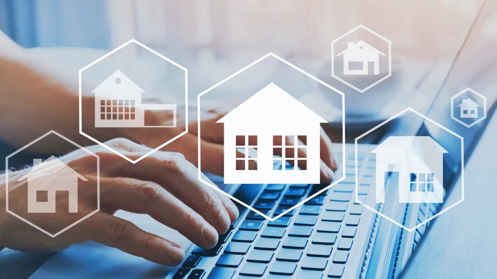 Centralized Leasing and How it Can Unleash the Potential of Your Multifamily Properties | PERQ AI Leasing Assistant a pair of hands typing on a laptop, overlayed with house icons